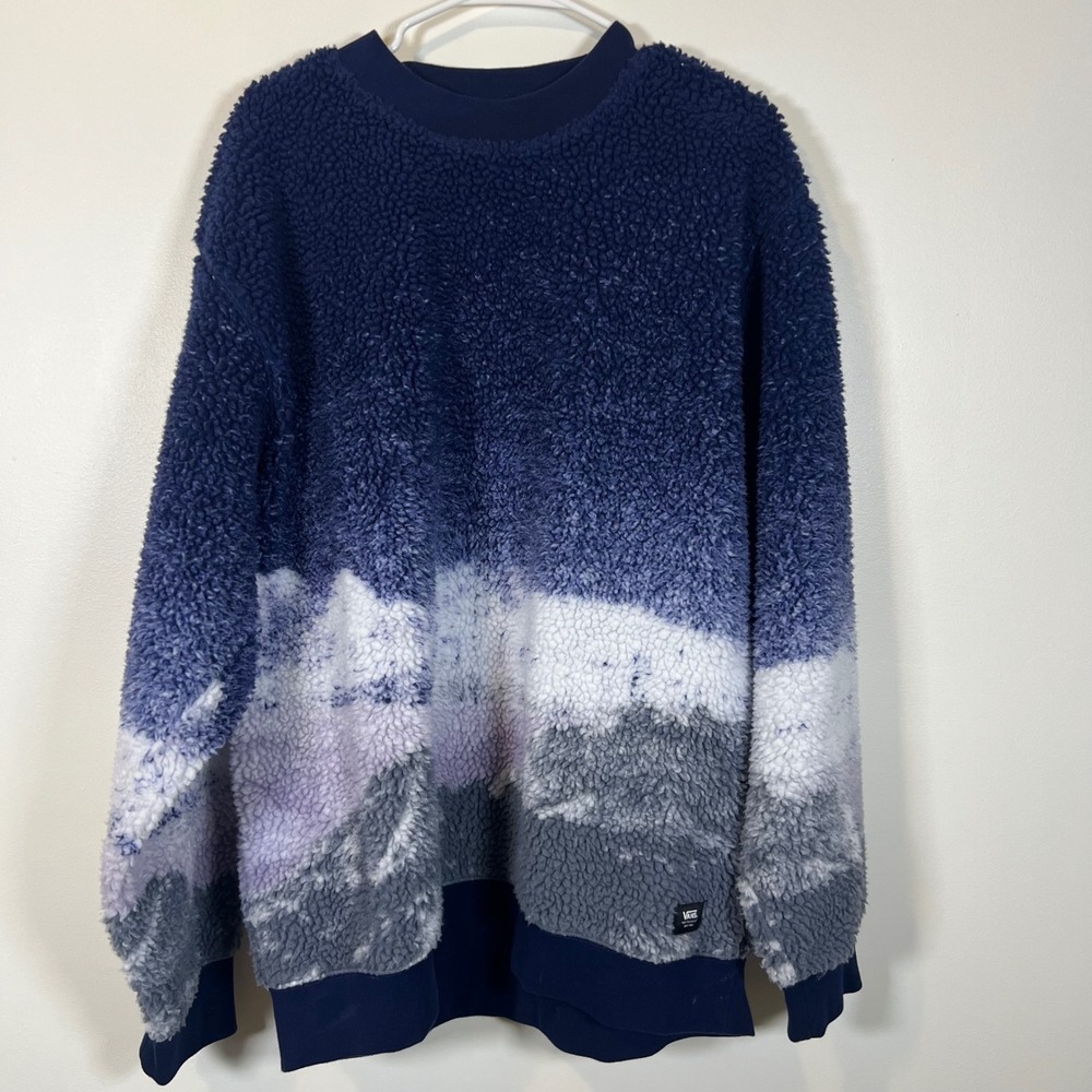Vans Mens XL Sherpa Fleece Sweatshirt Blue Mountain Graphic Crewneck Pullover